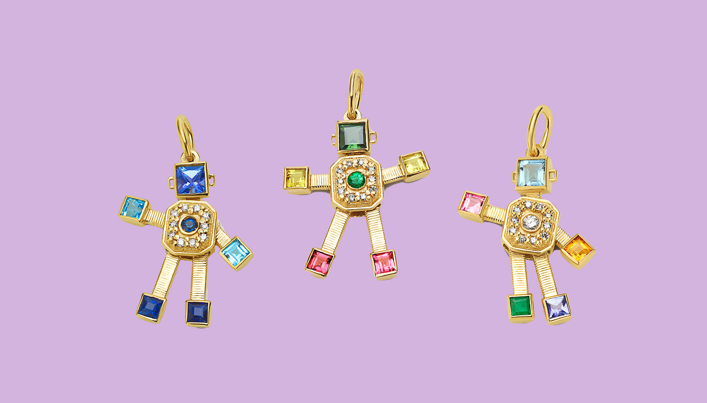 Disco Heart Van Robot Mini Pendant Diamond Emerald Tourmaline