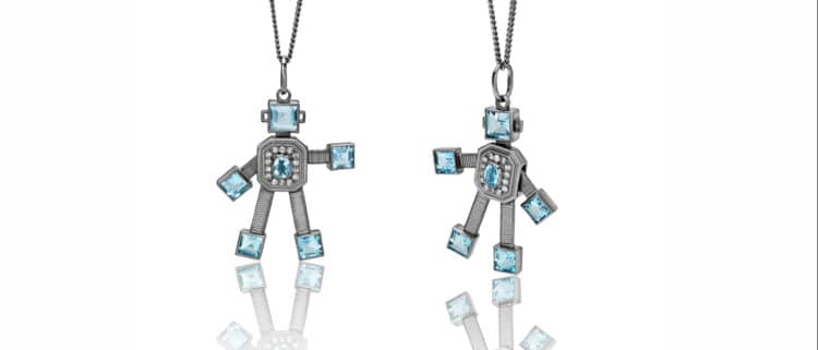 Darke Lex Van Robot - Diamond, Aquamarine, 18kt Blackened Gold (£2750, chain optional £1350)                