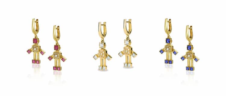 Van Robot Earrings - Diamond, Ruby, Aquamarine, Tanzanite, 18kt Gold (£2250 pair, £1450 single)                